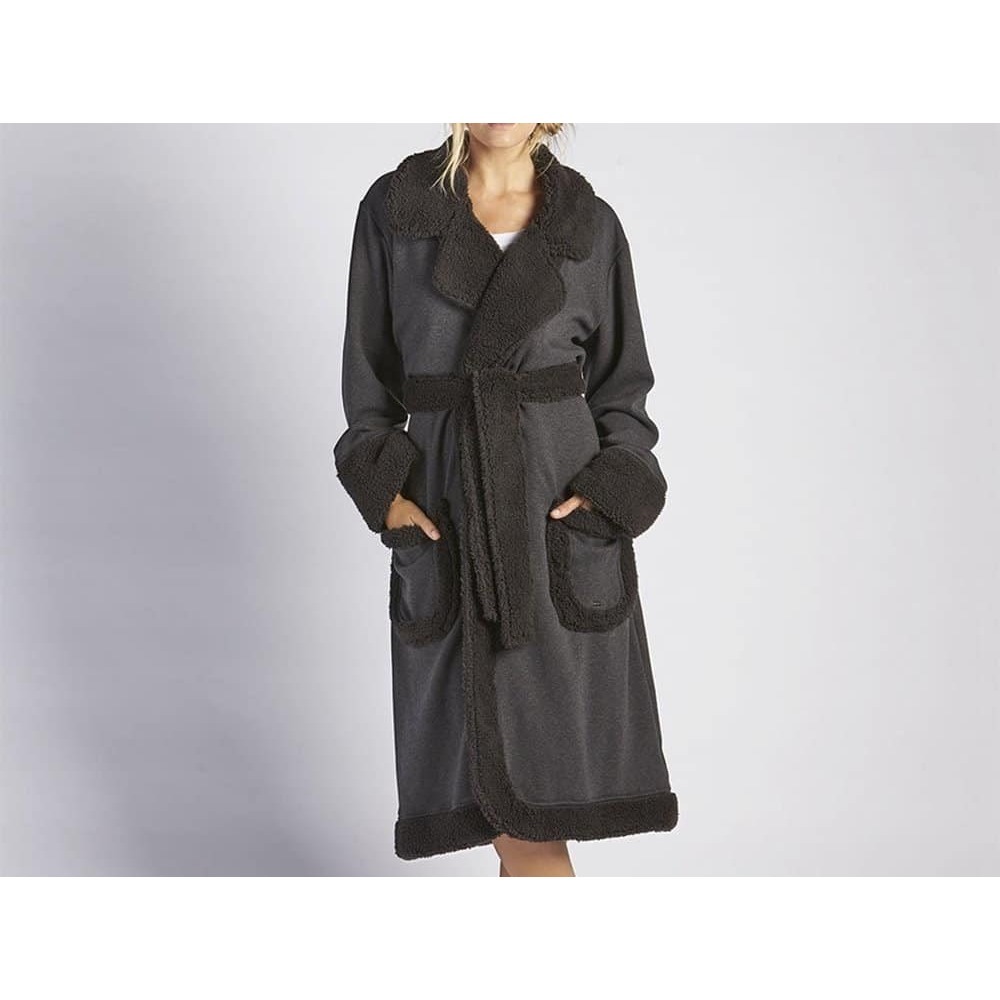 UGG Duffield Robe Charcoal Heather Grey Sherpa Trim Fleece Wrap Sz M GUC